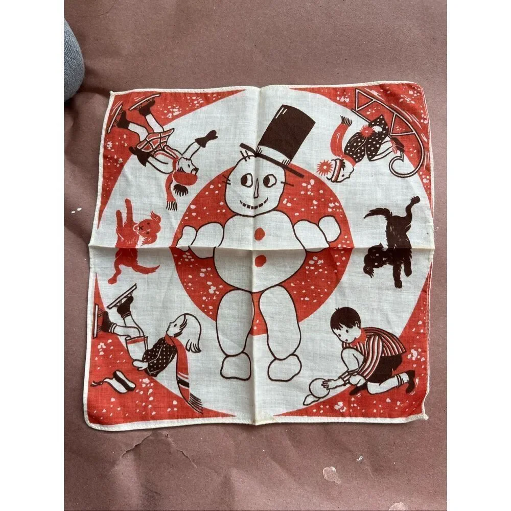 VTG 40s 50s Winter Kids Snowman Hankie 8.5” Novelty Print RARE